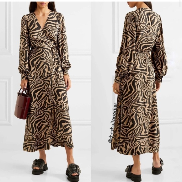 GANNI Tiger Print Crepe Wrap Midi Dress Leopard sz 4